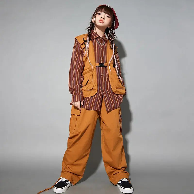 Child costume For Kids Stripe Shirt Brown Vest Hiphop Pants Suit Girls Jazz Dancing Outfits Boys Streetwear