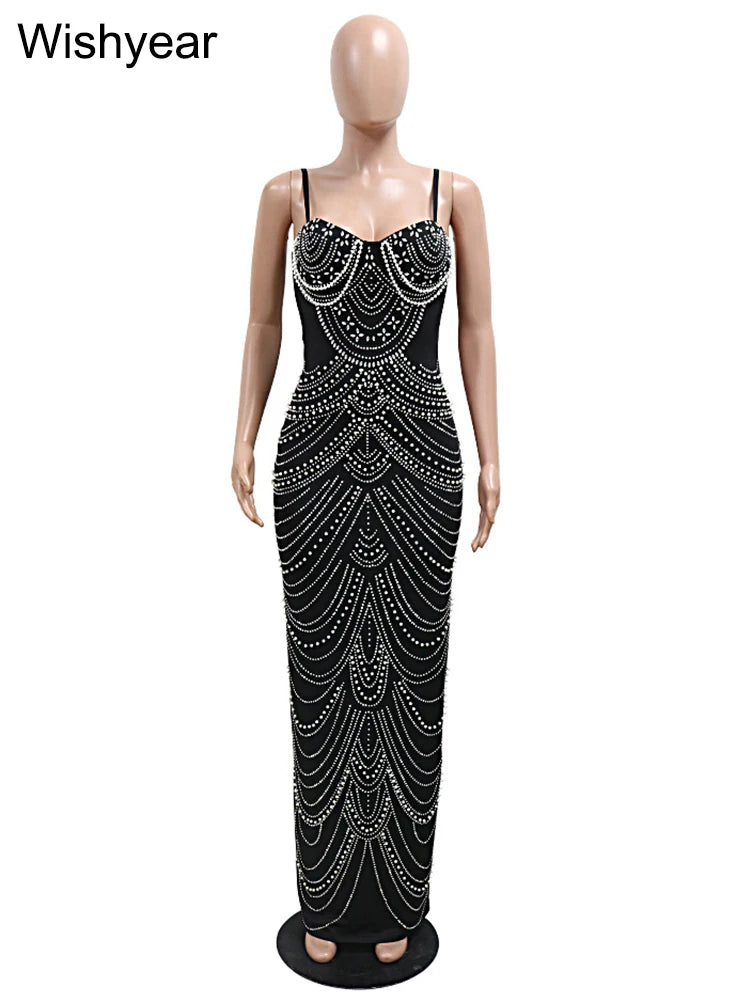 Luxury Sparkly Crystal Rhinestone Pearl Celebrities Gown Brown Dress
