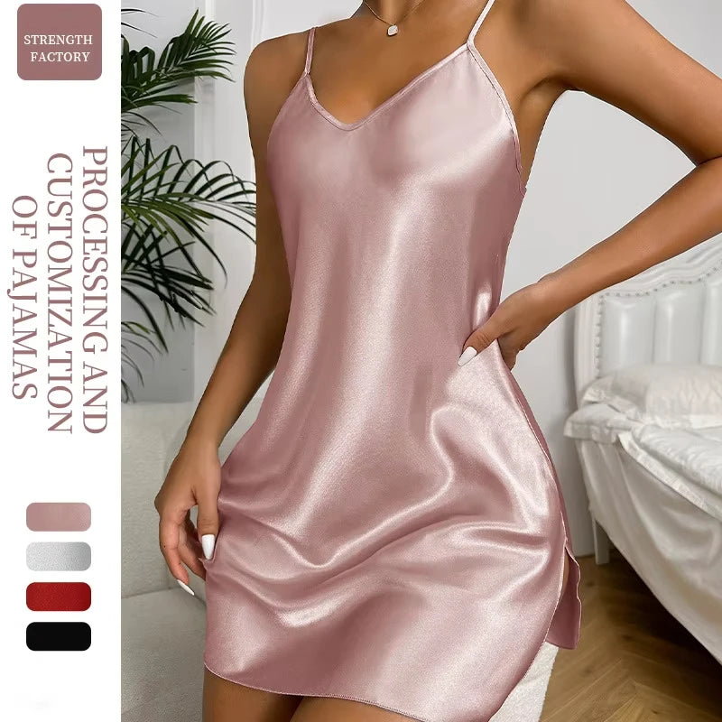Valentine's Day sexy backless ice silk slip dress summer pajamas short women's home dress simulation silk nightdress casual nigh