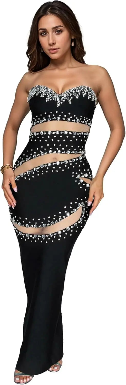 Women’s Rhinestone Mesh Bodycon Dress – Sexy Long Sleeve See-Through Sequin Party Club Night Outfit