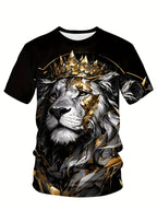 Men’s Lion Crown Graphic Tee – Breathable Polyester Blend, Casual & Elegant Plus Size Crew Neck T-Shirt