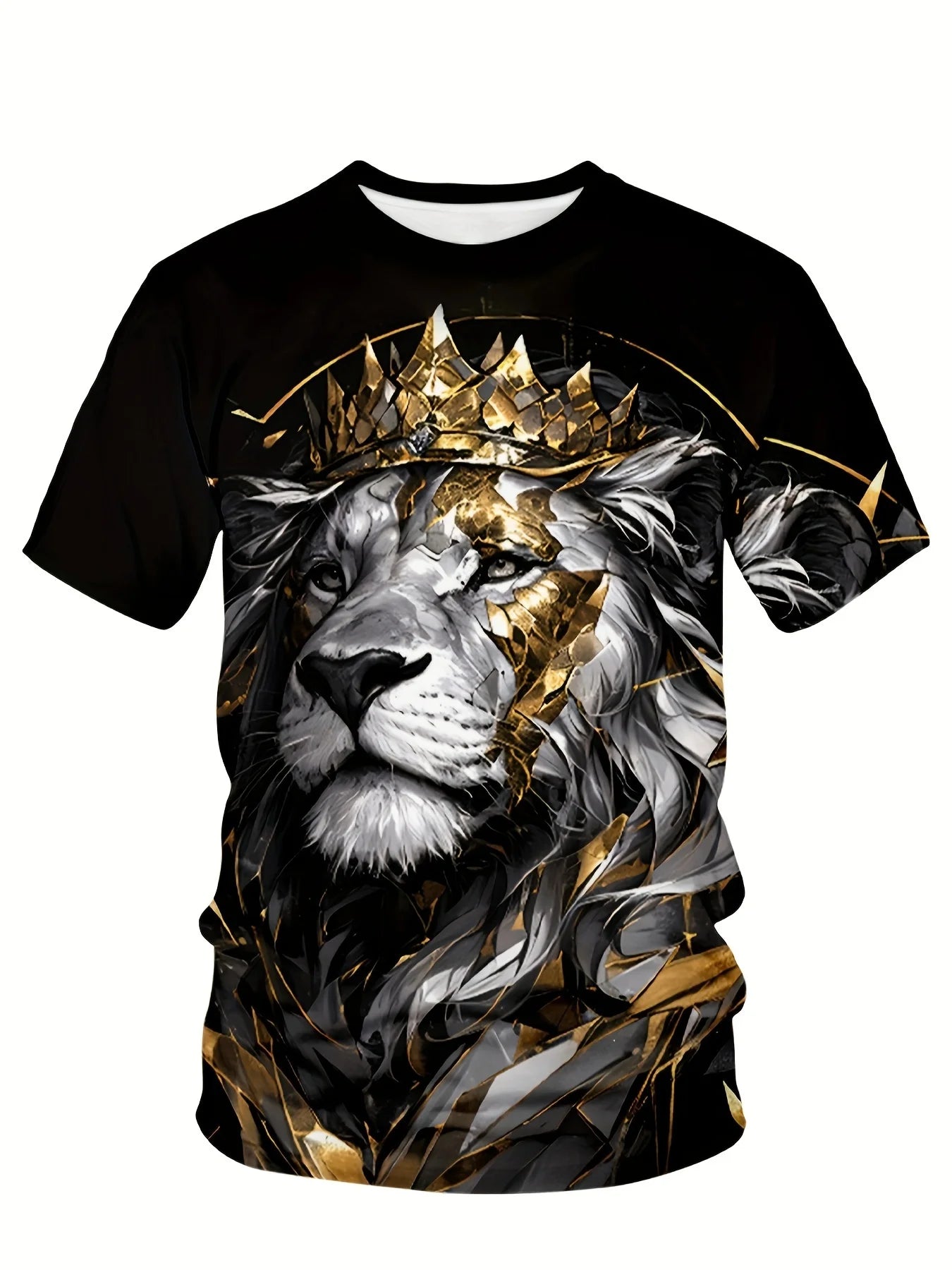 Men’s Lion Crown Graphic Tee – Breathable Polyester Blend, Casual & Elegant Plus Size Crew Neck T-Shirt