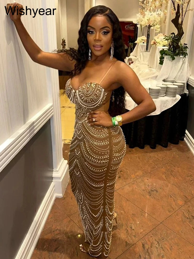 Luxury Sparkly Crystal Rhinestone Pearl Celebrities Gown Brown Dress