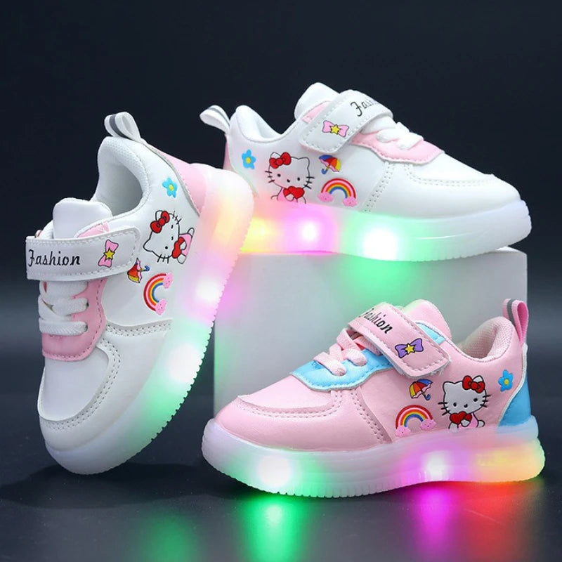 Girls LED Light Up Shoes – Hook & Loop Casual Sneakers with Print Design, Comfortable PU Insole & Rubber Sole (Ages 4–6 Years)