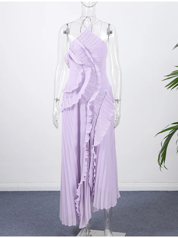 Halter Neck Pleated Ruffled Long Dress Women Pink Sleeveless Backless Lace-up Folds Slim Dresses Evening Party Gowns