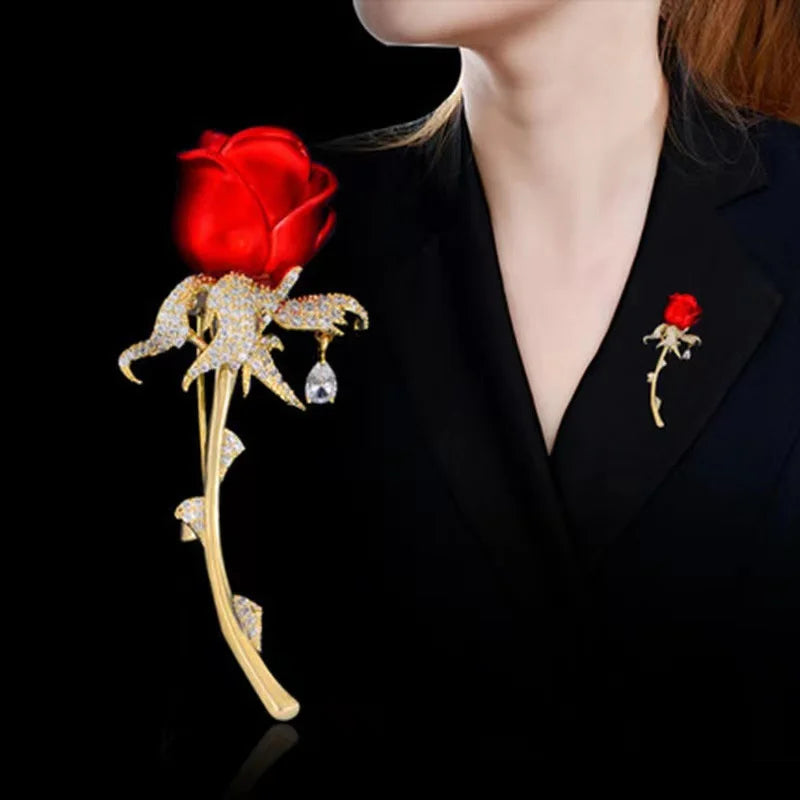 Rhinestone Blue Red Rose Flower Brooches for Women Elegant Exquisite Shiny Zircon Flower Lapel Pins Wedding Party Badge Jewelry