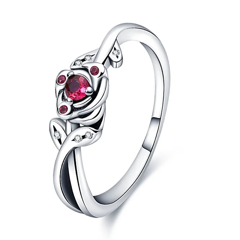 Fashion 925 Sterling Silver Pink Heart Rose Flower Ring Ladies Fine Wedding Valentine's Day Gift Jewelry