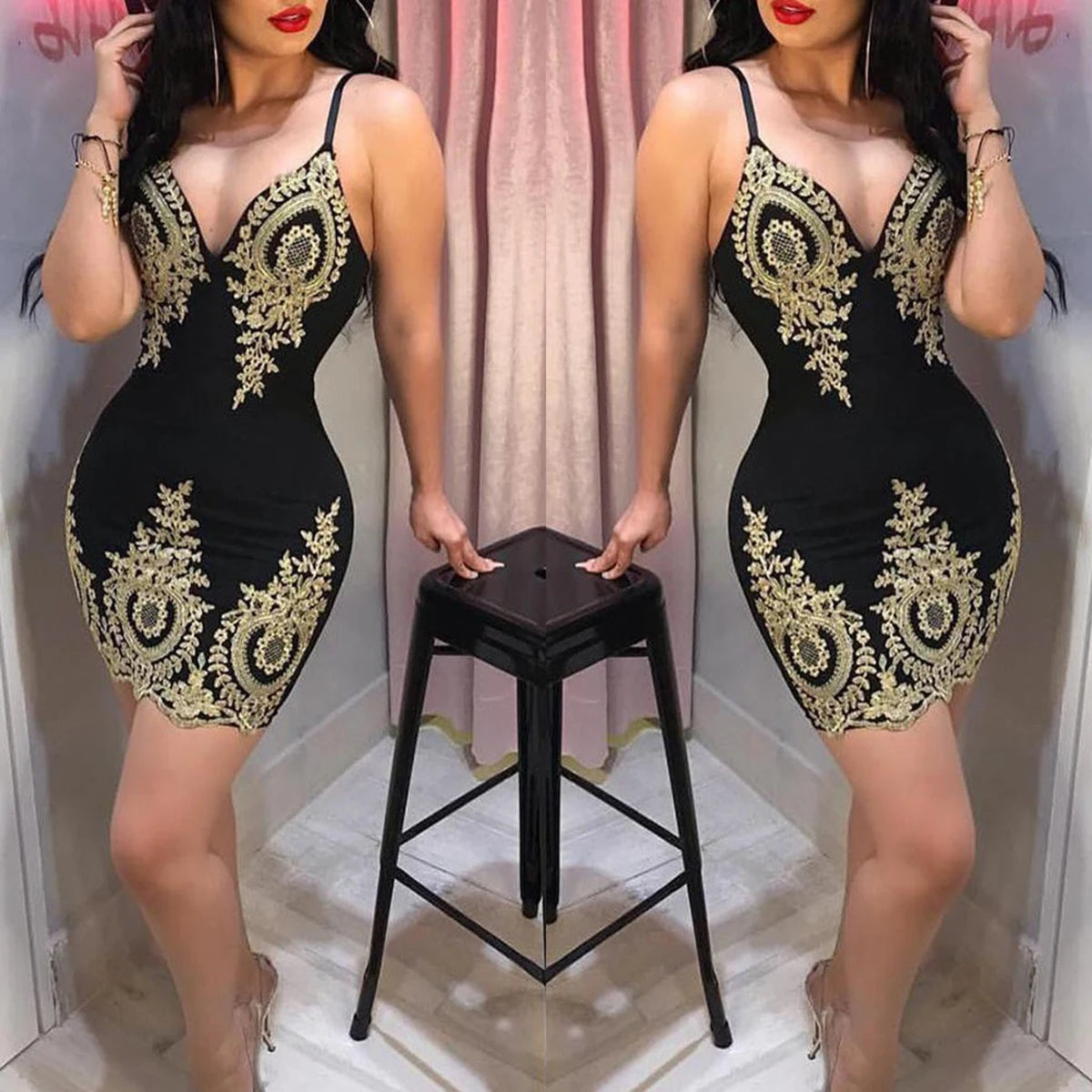 Women's party halter dress Sleeveless slim-fit mini dress with low neck and halter back