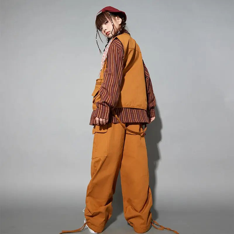 Child costume For Kids Stripe Shirt Brown Vest Hiphop Pants Suit Girls Jazz Dancing Outfits Boys Streetwear