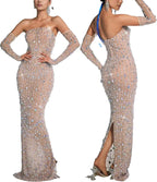 Women’s Rhinestone Mesh Bodycon Dress – Sexy Long Sleeve See-Through Sequin Party Club Night Outfit