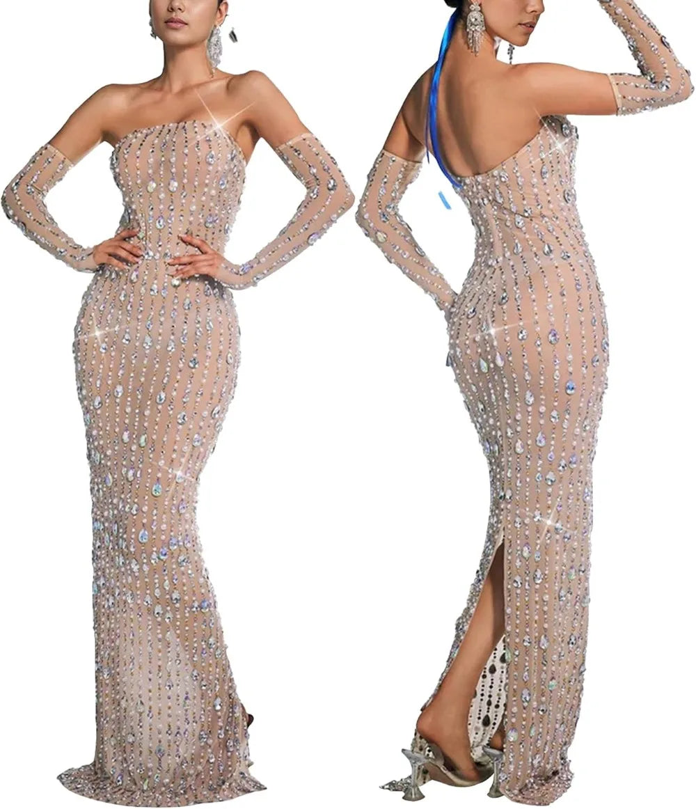Women’s Rhinestone Mesh Bodycon Dress – Sexy Long Sleeve See-Through Sequin Party Club Night Outfit