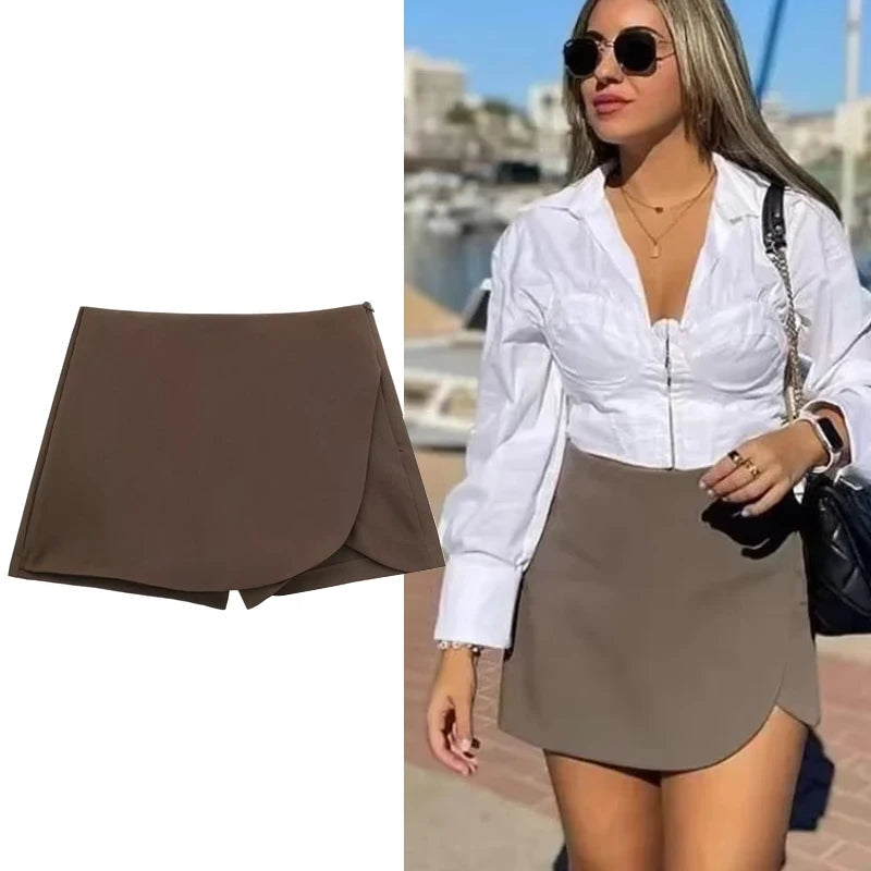 TRAF Women's Skort High Waist Brown Skirt Pants Stylish Summer Pink Black Mini Skirt Shorts Asymmetric Casual Off White Skort