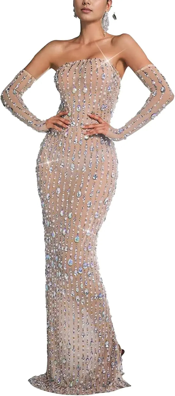 Women’s Rhinestone Mesh Bodycon Dress – Sexy Long Sleeve See-Through Sequin Party Club Night Outfit