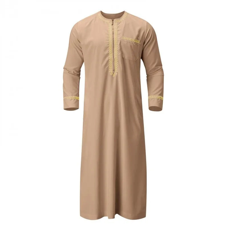Men’s Islamic Robe – Casual Long Sleeve Tunic, Solid Color, Round Neck