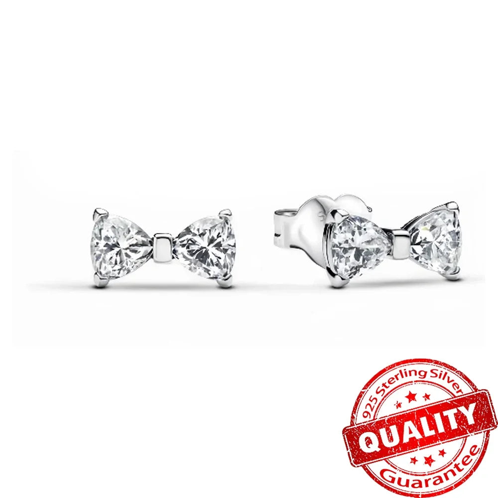 Pink Bow Set Original 925 Sterling Silver Colorful Zircon Ring Earrings Bracelet Necklace Original DIY Women's Jewelry Gift