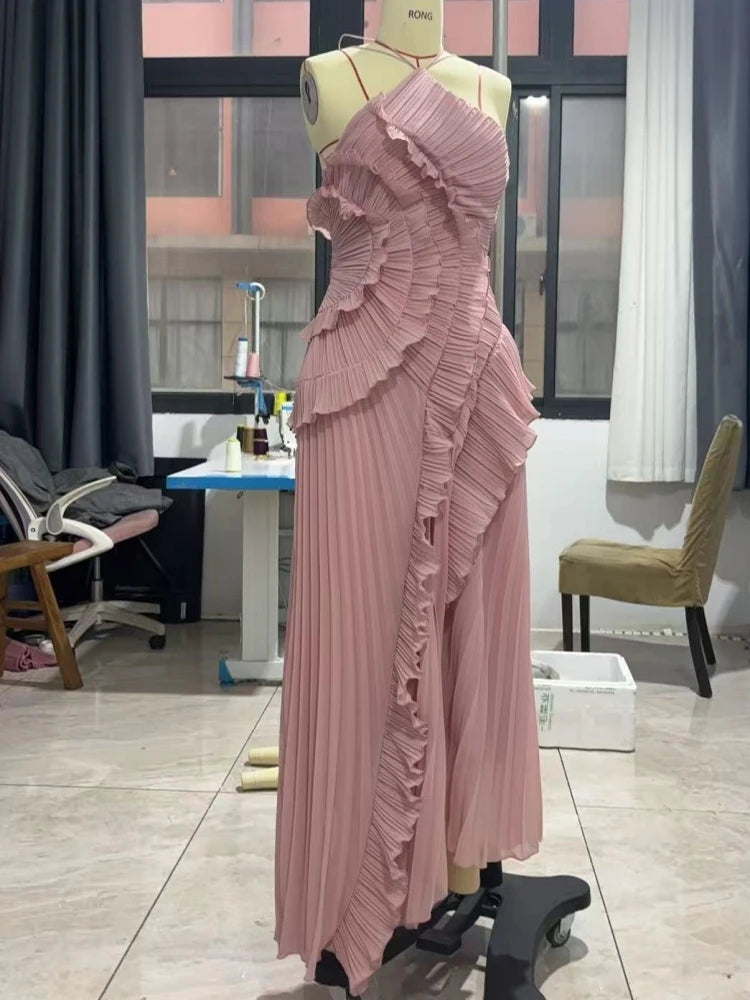 Halter Neck Pleated Ruffled Long Dress Women Pink Sleeveless Backless Lace-up Folds Slim Dresses Evening Party Gowns