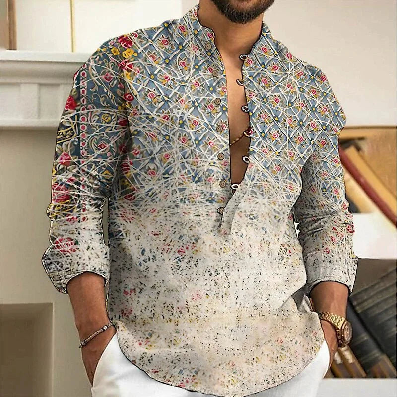 Linen shirt men's top cardigan button fashion trend pattern slim fit comfortable soft new retro top 2024 new plus size 6XL