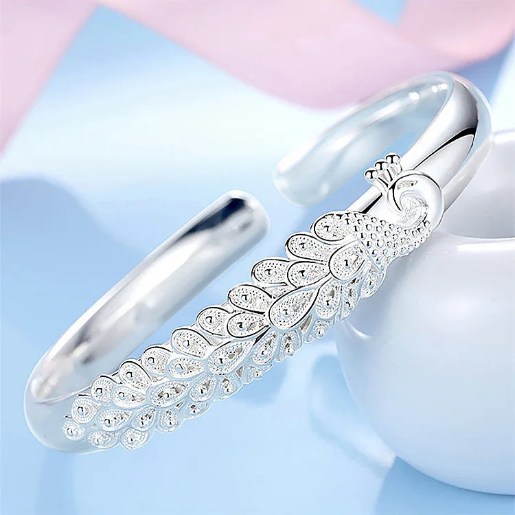 Silver elegant Peacock opening screen bracelet Bangles for women fashion party wedding Accessories jewelry gift