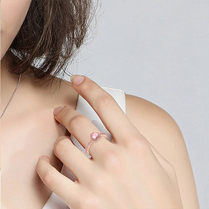 Fashion 925 Sterling Silver Pink Heart Rose Flower Ring Ladies Fine Wedding Valentine's Day Gift Jewelry