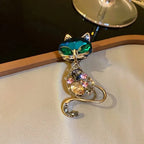 Rhinestone Crystal Cat Pendant Brooch Women's Gold Color Animal Pin Fashion Accessories Lapel Pins Collar Buttons Party Dress