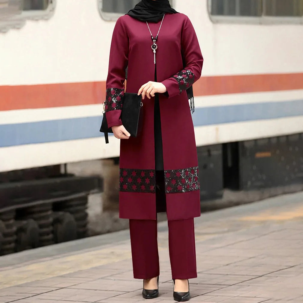 Women’s Islamic Ramadan & Eid 2-Piece Set – Lace-Up Corset Top with Wide-Leg Pants, Solid Color Kaftan