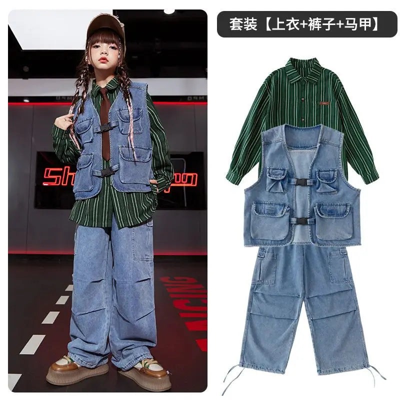 Child costume For Kids Stripe Shirt Brown Vest Hiphop Pants Suit Girls Jazz Dancing Outfits Boys Streetwear