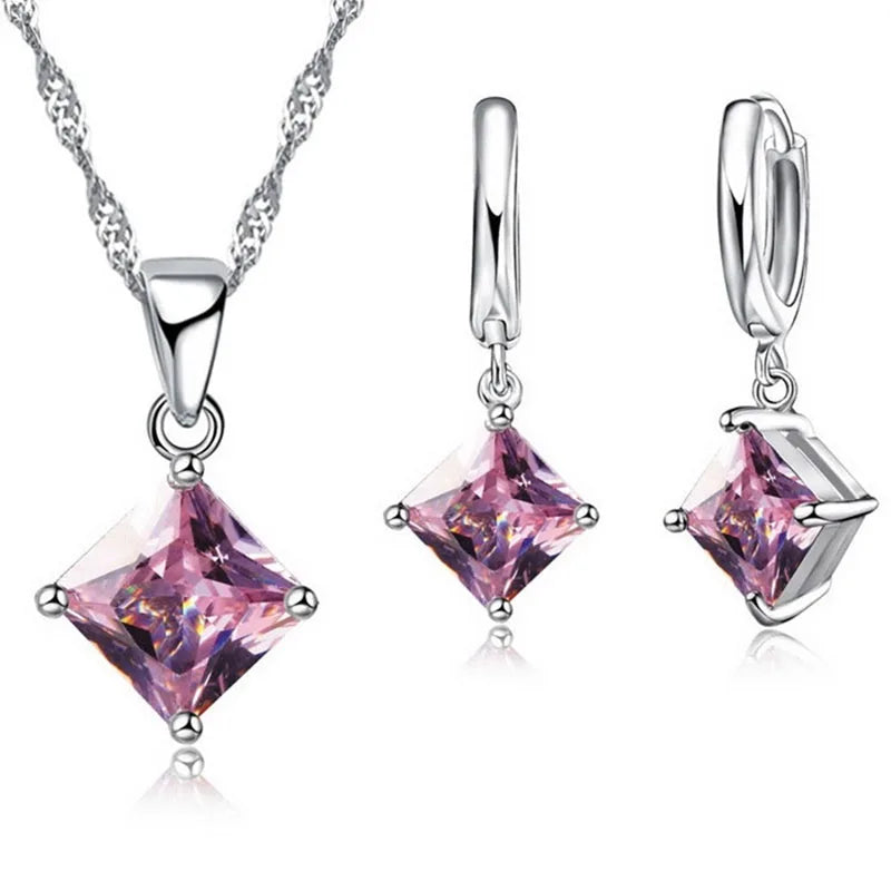 Women Pendants Necklace Simple Geometry Square Earrings Crystal