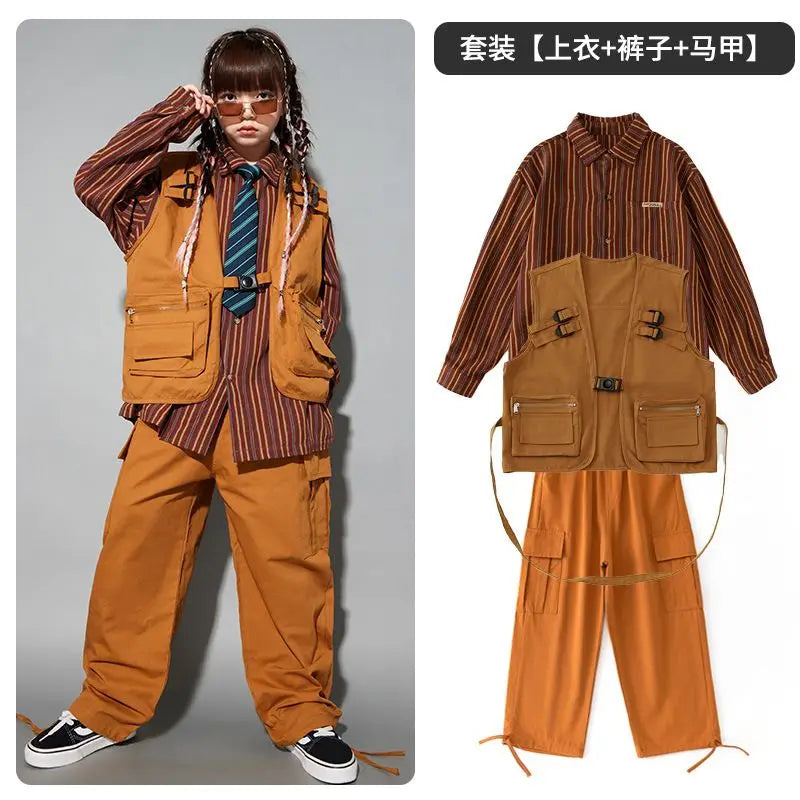 Child costume For Kids Stripe Shirt Brown Vest Hiphop Pants Suit Girls Jazz Dancing Outfits Boys Streetwear