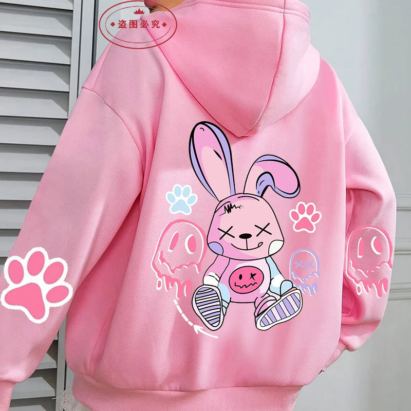 Girl’s Oversized Bunny Print Hoodie – Casual Loose Fit Fleece Sweatshirt for Autumn & Winter