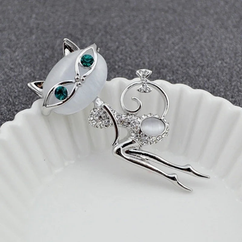 Opal Super Cute Kitten Cat Eye Stone Brooch Crystal Collar Creativity Dress Fashionable Style Sexy Wedding Accessories