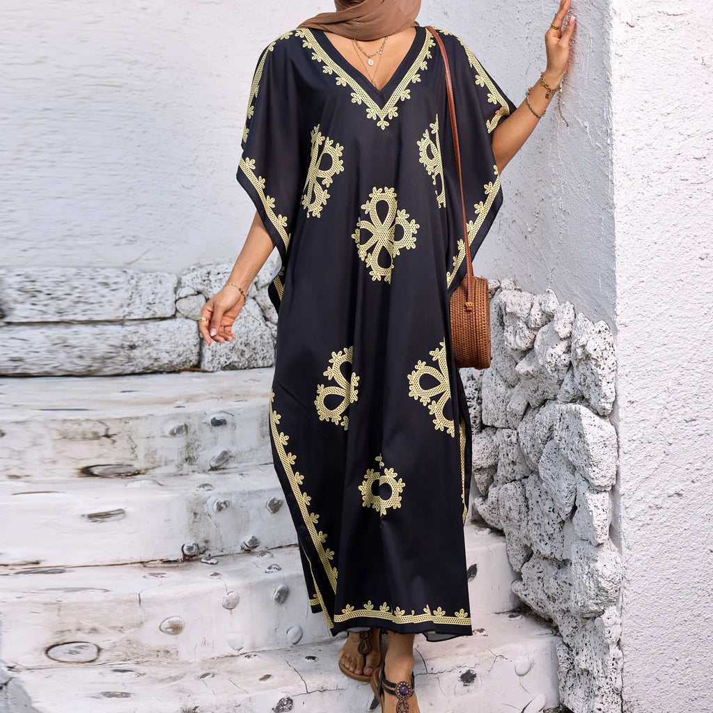 Women’s Summer Ramadan Dress – Loose V-Neck Bat Sleeve Caftan Gown