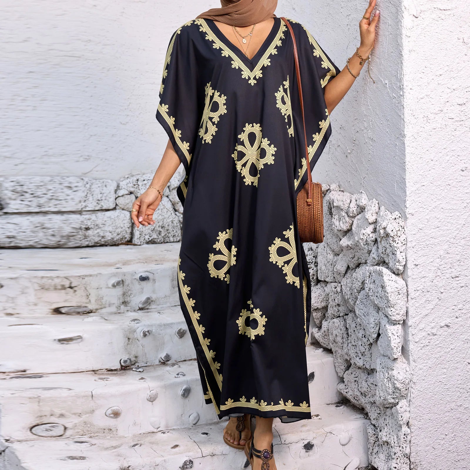 Women’s Summer Ramadan Dress – Loose V-Neck Bat Sleeve Caftan Gown