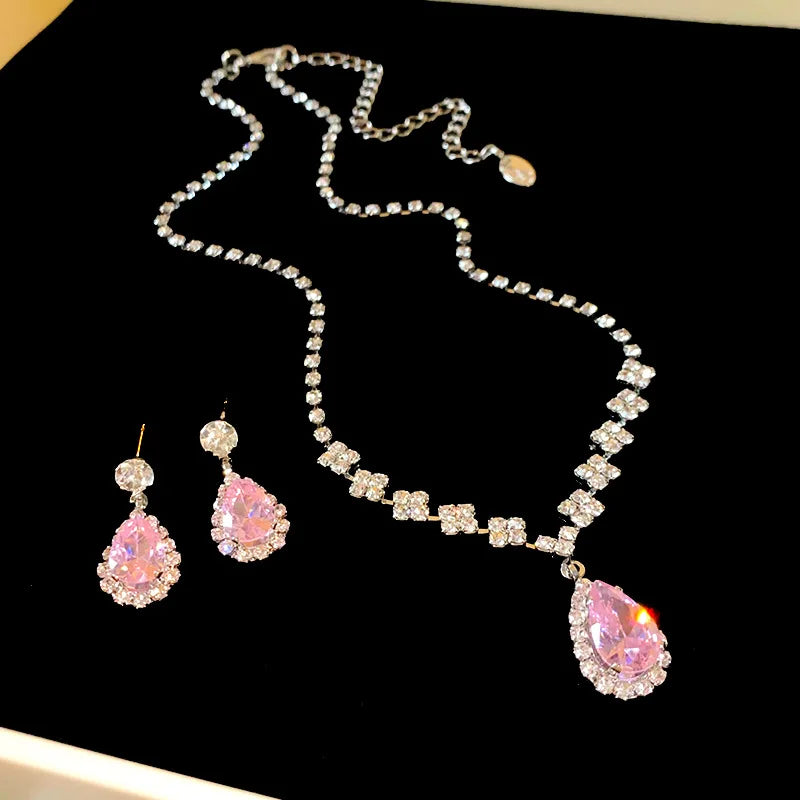 Shiny Crystal Necklace Earrings Women's Fashion Big Water Droplet Rhinestone Necklaces Wedding Evening Dress Jewelry Set