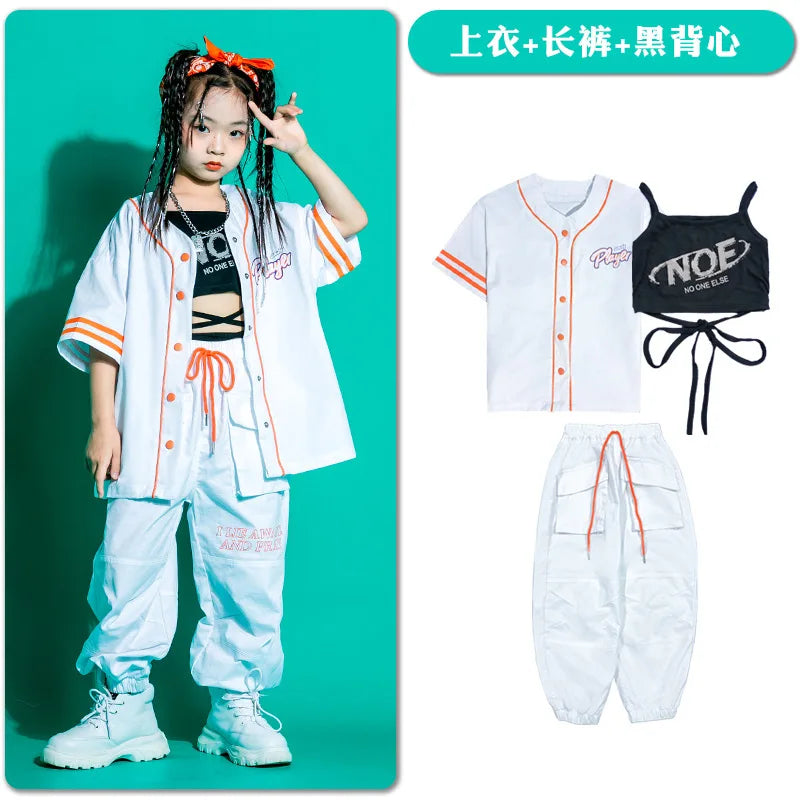 Kid Kpop Hip Hop Clothing Baseball Cardigan Shirt Top White Streetwear Cargo Jogger Pants Shorts for Girl Boy Jazz Dance Costume
