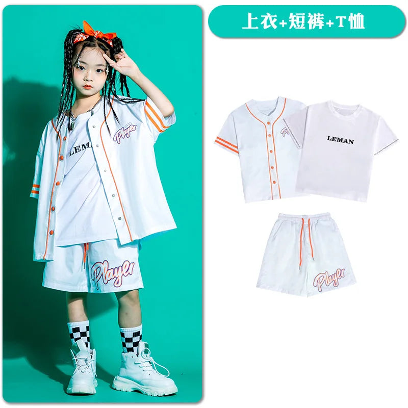 Kid Kpop Hip Hop Clothing Baseball Cardigan Shirt Top White Streetwear Cargo Jogger Pants Shorts for Girl Boy Jazz Dance Costume