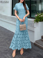 Women’s Elegant Lace Maxi Dress – Stand Collar Fishtail Sundress, Short Sleeve Casual Solid Color Summer 2025