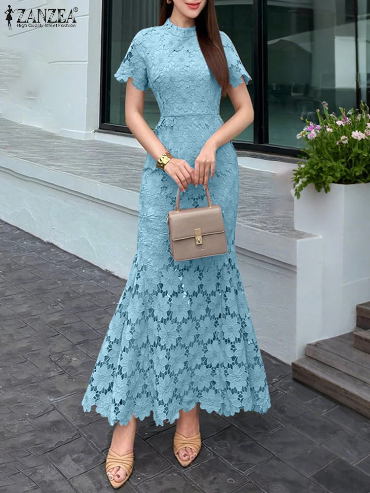 Women’s Elegant Lace Maxi Dress – Stand Collar Fishtail Sundress, Short Sleeve Casual Solid Color Summer 2025