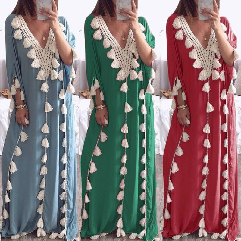 Women’s Arabic Islamic Kaftan – Half Sleeve V-Neck Maxi Dress with Tassel Trim, Casual Loose Fit