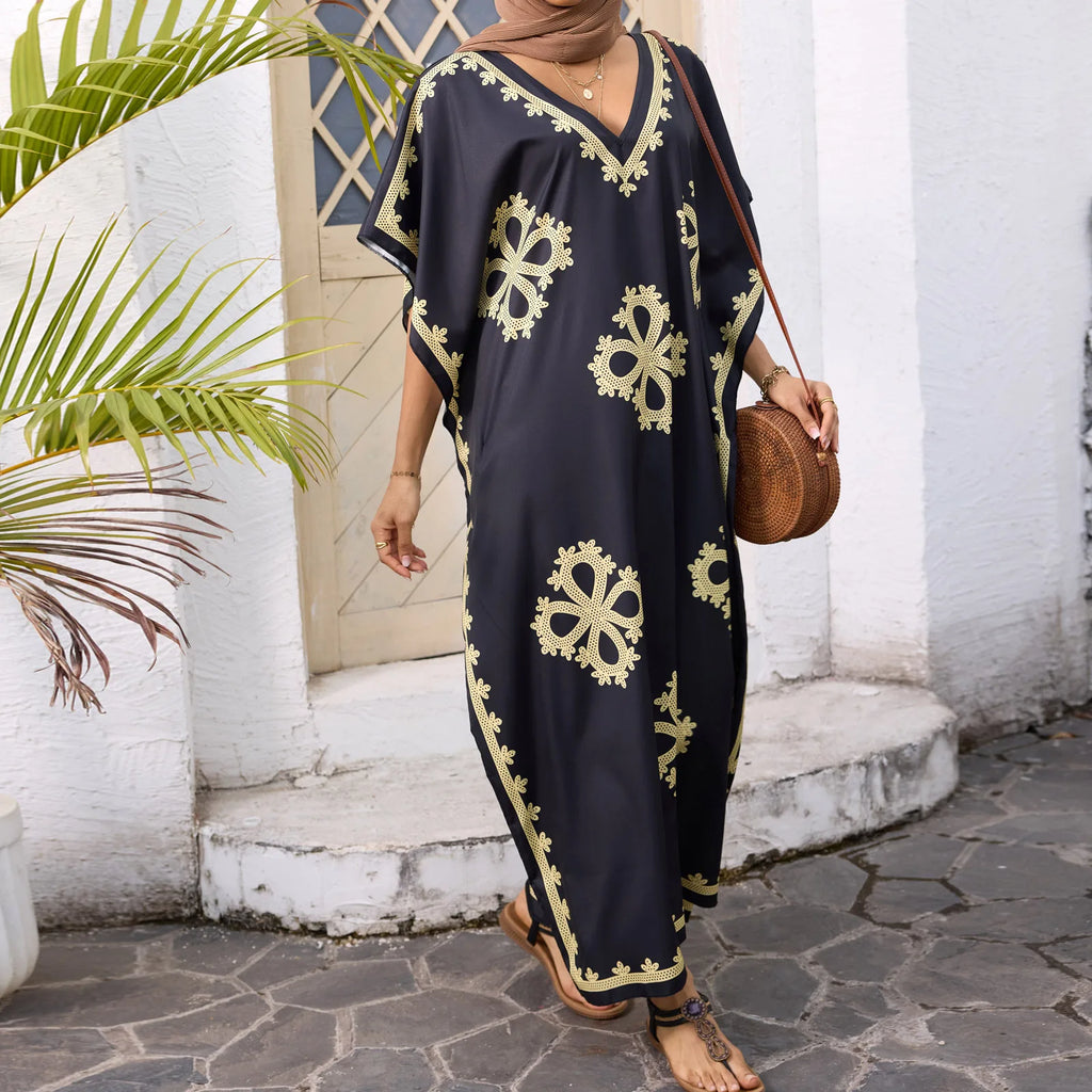 Women’s Summer Ramadan Dress – Loose V-Neck Bat Sleeve Caftan Gown