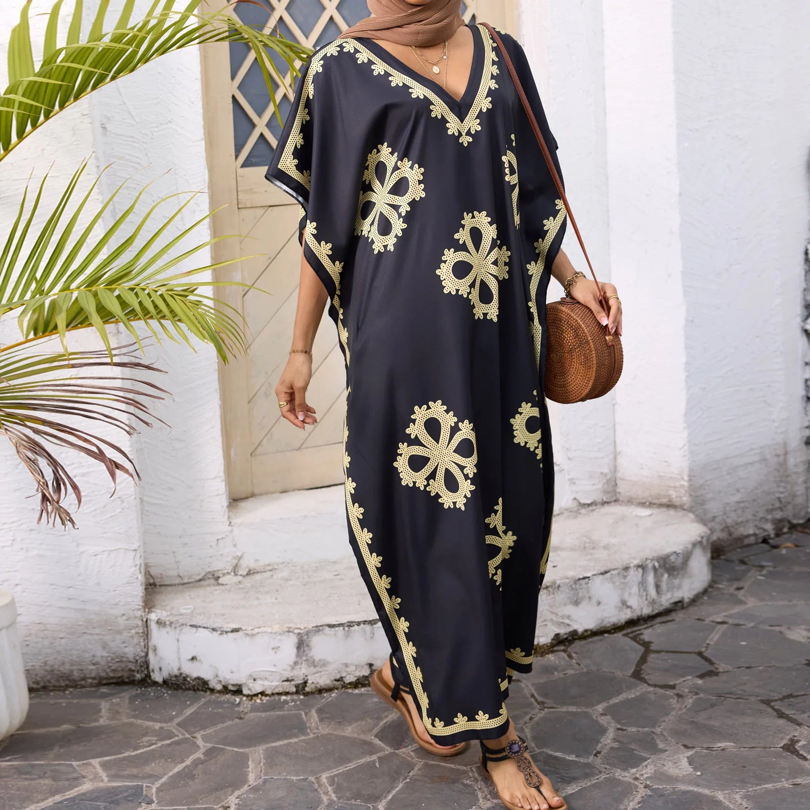 Women’s Summer Ramadan Dress – Loose V-Neck Bat Sleeve Caftan Gown