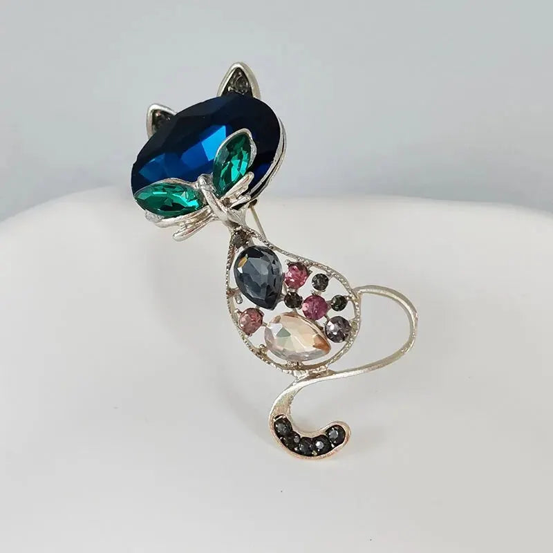 Rhinestone Crystal Cat Pendant Brooch Women's Gold Color Animal Pin Fashion Accessories Lapel Pins Collar Buttons Party Dress