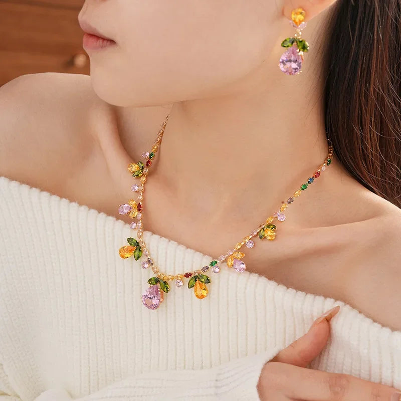Color Zircon Water Drop Leaf Necklace European and American High Fashion Evening Dress Jewelry Set for Women Wedding
