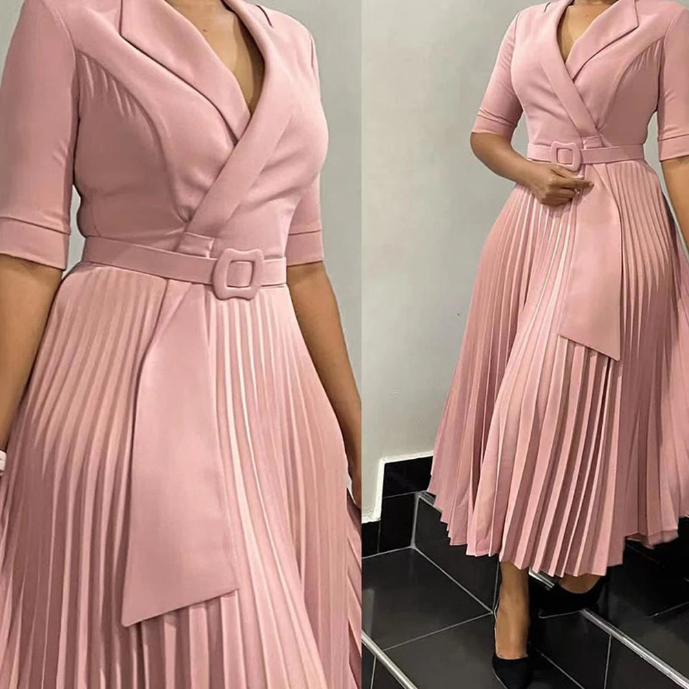 Elegant Pleated Office Dress – Belted Mid-Calf Business Wear for Women