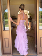 Halter Neck Pleated Ruffled Long Dress Women Pink Sleeveless Backless Lace-up Folds Slim Dresses Evening Party Gowns