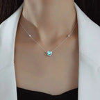925 Sterling Silver Chain Unique and Stunning Women's Blue Love Heart Zircon Pendant Neck with Trendy Design Jewelry