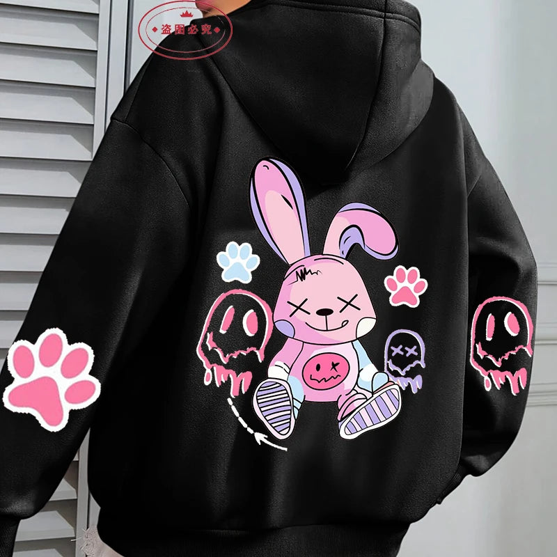 Girl’s Oversized Bunny Print Hoodie – Casual Loose Fit Fleece Sweatshirt for Autumn & Winter