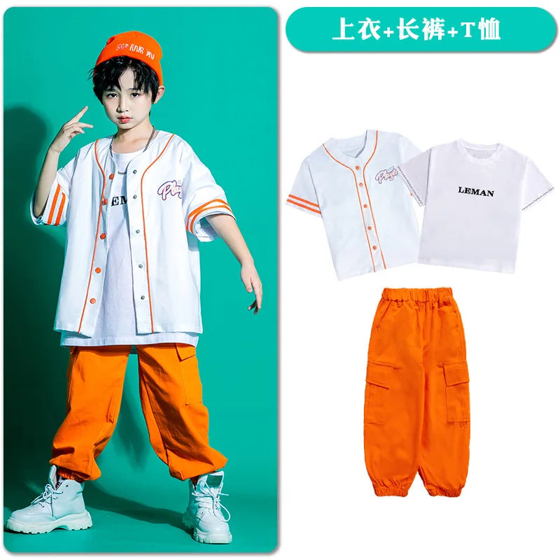 Kid Kpop Hip Hop Clothing Baseball Cardigan Shirt Top White Streetwear Cargo Jogger Pants Shorts for Girl Boy Jazz Dance Costume