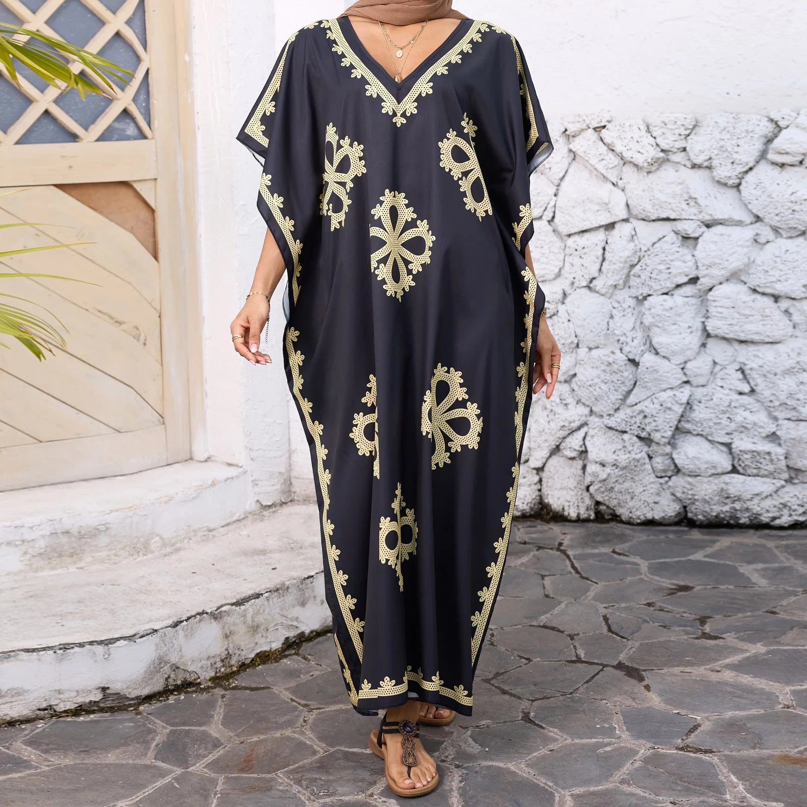 Women’s Summer Ramadan Dress – Loose V-Neck Bat Sleeve Caftan Gown