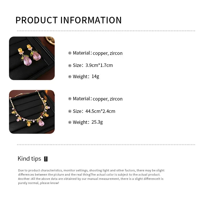 Color Zircon Water Drop Leaf Necklace European and American High Fashion Evening Dress Jewelry Set for Women Wedding