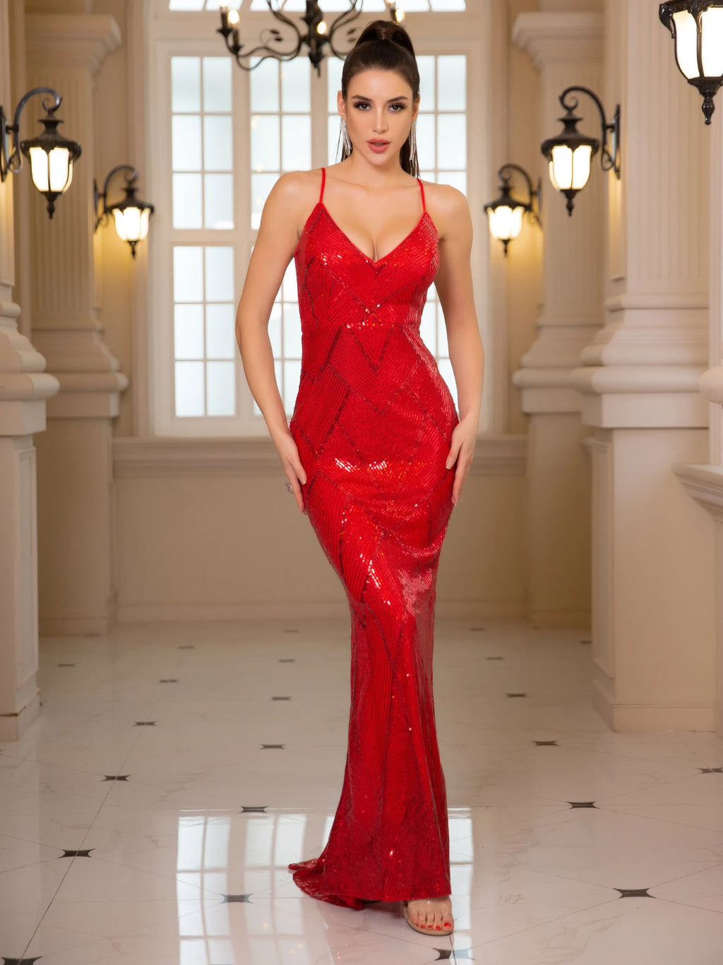 Backless Sleeveless Sequined Evening Dress Gold Red Slim V Neck Mermaid Prom Gown